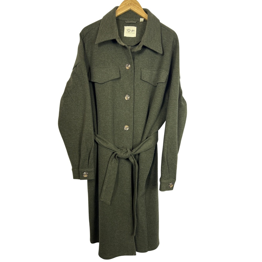 RD Style Conscious Olive Green Longline Belted Shacket Coat Wool Blend XL